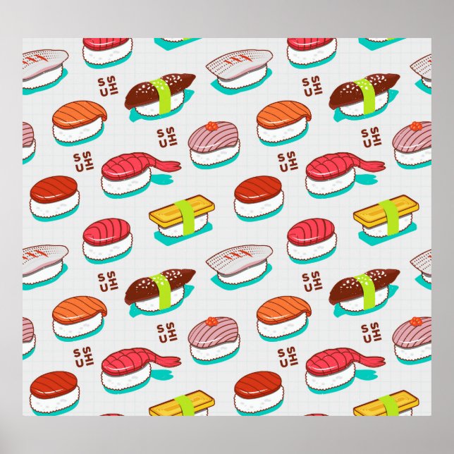 Póster Sushi de nigiri de época, patrón de doodle (Frente)