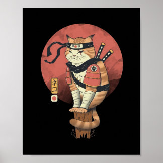 Póster Sushi retro japonés vintage Samurai Neko Cat T-Sh