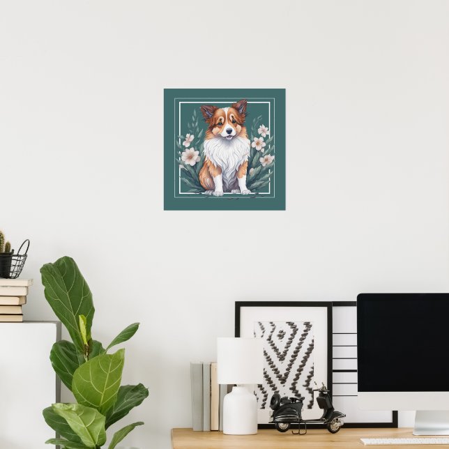 Póster Süßer Collie umringt von Blumen - (Oficina en casa)