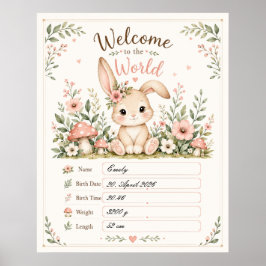 Póster Süßes Baby Hasen Design mit Geburtsdaten Feldern