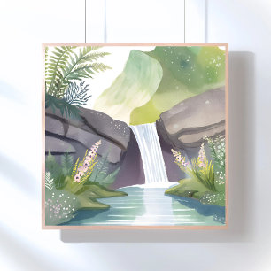 Póster Susurro de Cascada Paisaje Acuarela de la Natura