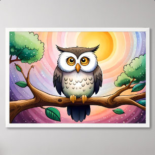 Póster Susurro de pintura de lechuza en medio de la luna