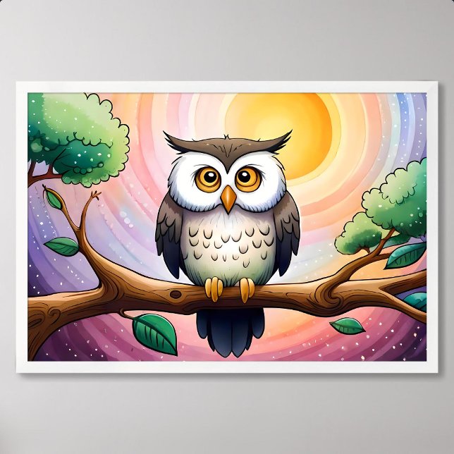 Póster Susurro de pintura de lechuza en medio de la luna  (owl painting moon star night twigs tree colorful)