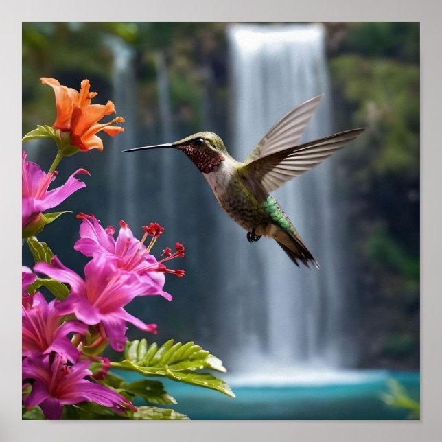 Póster "Susurros de la naturaleza: Hummingbird, cascada (Frente)