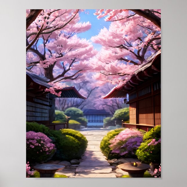 Póster Susurros de primavera: flores de cerezo y tranquil (Frente)
