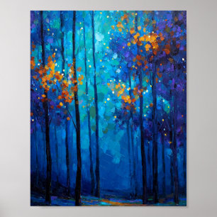 Póster Susurros del Bosque Cobalt: Una Iluminación Otoñal
