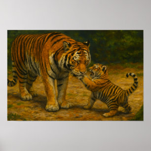 Póster Susurros en lo salvaje - Tigre y cachorro en bosqu