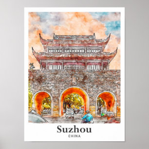 Póster Suzhou China Trae mano para dibujar acuarela