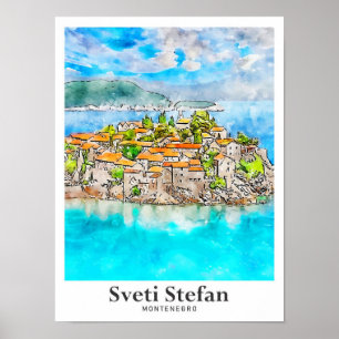 Póster Sveti Stefan Montenegro Travel Watercolor