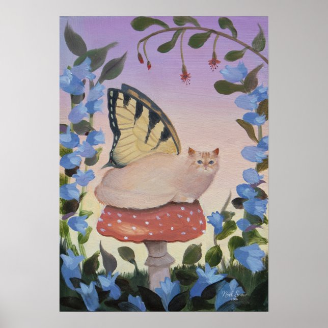 Póster Swallowtail Butterfly Cat on Mushroom Wall Art (Frente)