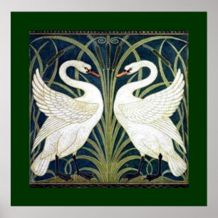 Póster Swan and Rush and Iris wallpaper with green border