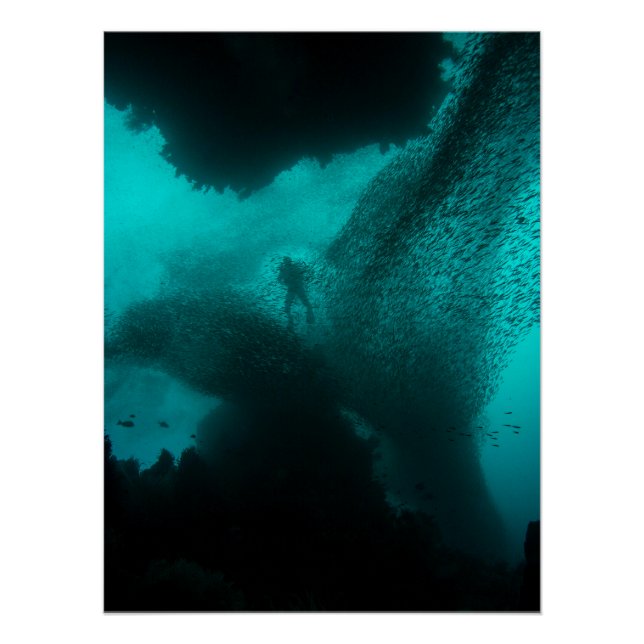 Póster Swarm of the Deep – Diver & Fish School Ocean (Anverso)