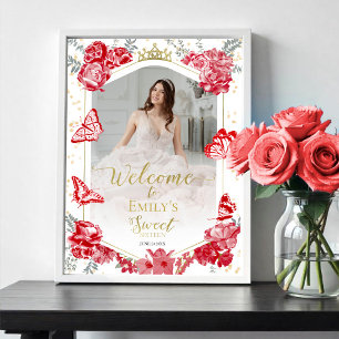 Póster Sweet 16 Photo Welcome Sign Butterfly Floral rojo