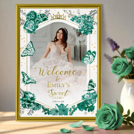 Póster Sweet 16 Photo Welcome Sign Butterfly Green