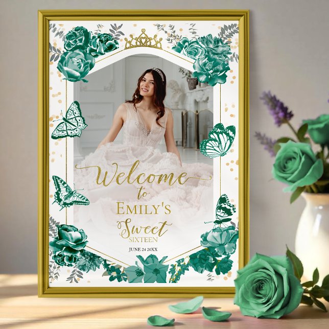 Póster Sweet 16 Photo Welcome Sign Butterfly Green (Subido por el creador)