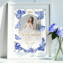 Póster Sweet 16 Photo Welcome Sign Butterfly Royal Blue