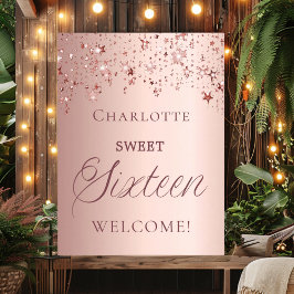 Póster Sweet 16 rose gold stars welcome 