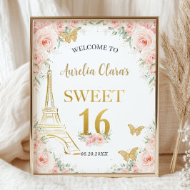Póster Sweet 16 Rubor Floral Paris Eiffel Champagne