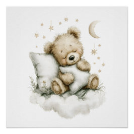 Póster Sweet baby bear fast asleep on fluffy clouds