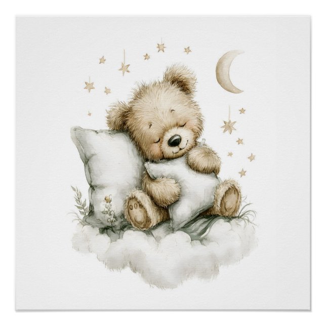 Póster Sweet baby bear fast asleep on fluffy clouds (Anverso)