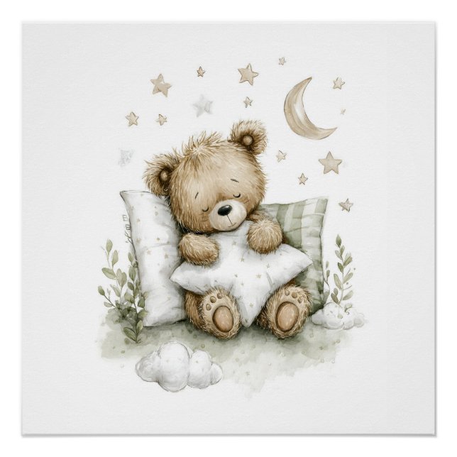 Póster Sweet baby bear fast asleep on fluffy clouds (Anverso)