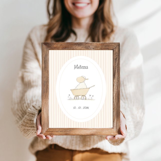 Póster Sweet Cute Sheep Beige Nursery Name Date (customizable name date baby nursery poster with a cute sheep in a wheelbarrow and beige stripes.)