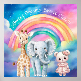 Póster Sweet Dreams Rainbow Elephant & Giraffe Nursery 