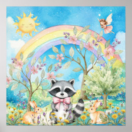 Póster Sweet Dreams Rainbow Raccoon & Rabbits Nursery 
