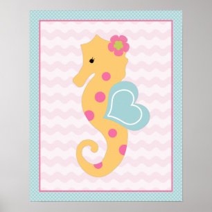 Póster Sweet Girl Sea Life Seahorse Art Poster