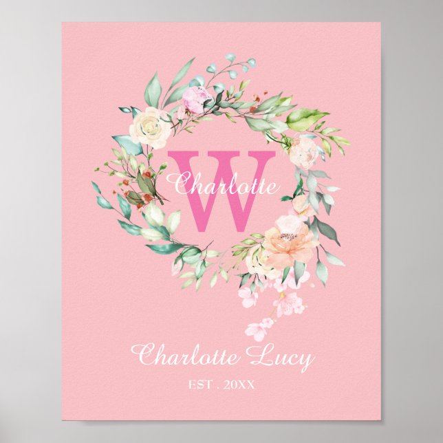 Póster Sweet Summer Roses Baby Initial Monogram (Frente)