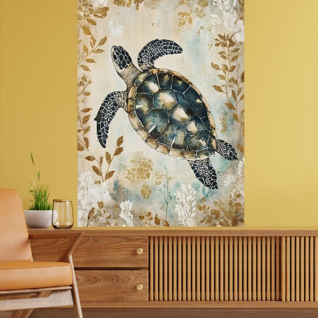 Póster swimming sea turtle surrounded by floral patterns. (Salón 2)