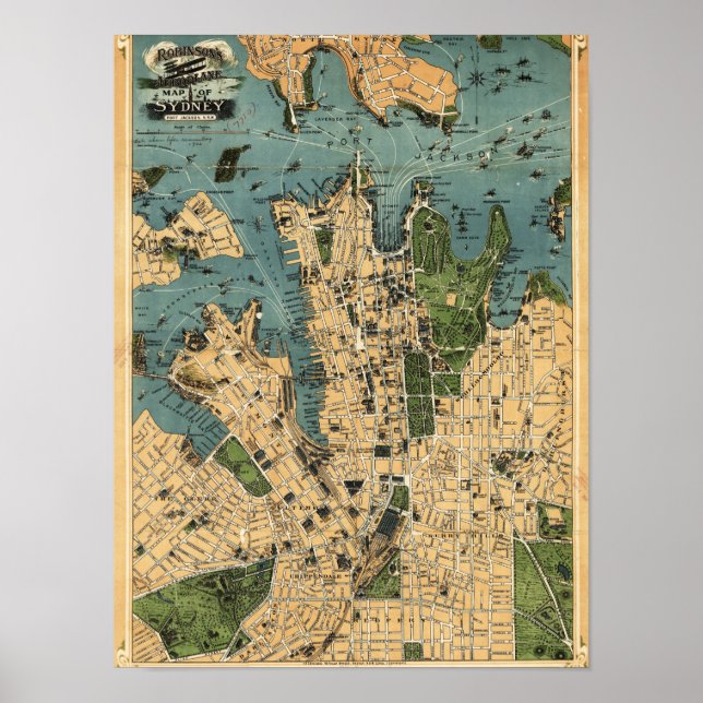 Póster Sydney, Australia, Mapa Panorámico (Frente)