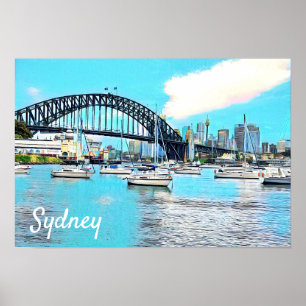 Póster Sydney Harbour Bridge cielo azul con yates