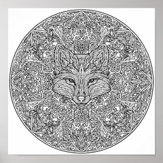 Póster Symmetrical Fox Christmas Mandala Template