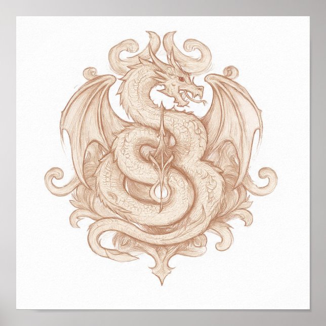 Póster Symmetrical Heraldic Art: Gothic Dragon Emblem (Frente)