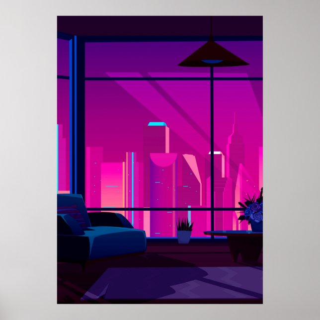Póster Synthwave Neon City: terraza, ático (Frente)