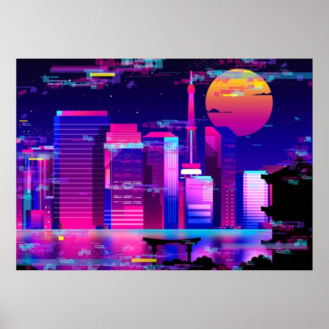 Póster Synthwave Neon City - Tokio glitch (Frente)