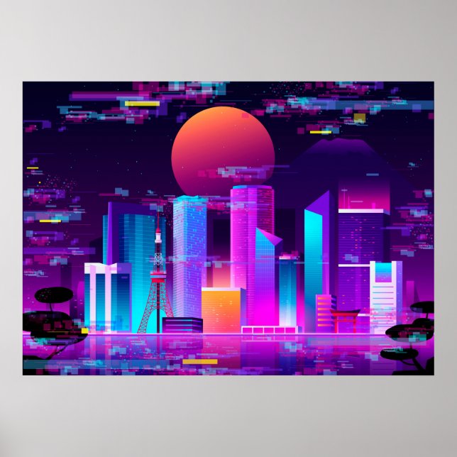 Póster Synthwave Neon City - Tokio glitch (Frente)