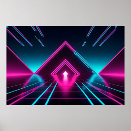 Póster Synthwave Neon Tunnel Glowing Pyramid Abstract