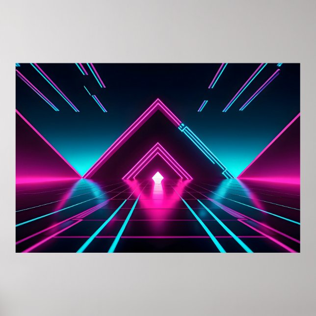 Póster Synthwave Neon Tunnel Glowing Pyramid Abstract (Frente)