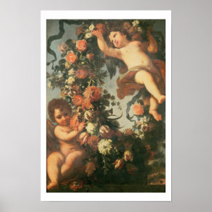 Póster T32714 Dos Putti apoyando un Garland florido