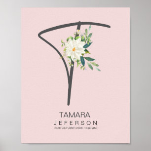 Póster T Letter Monogram Blush Floral Decor