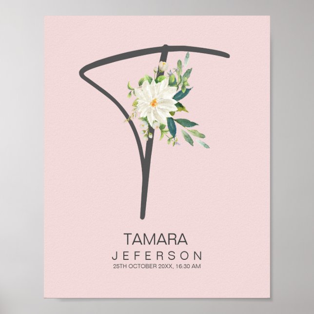 Póster T Letter Monogram Blush Floral Decor (Frente)
