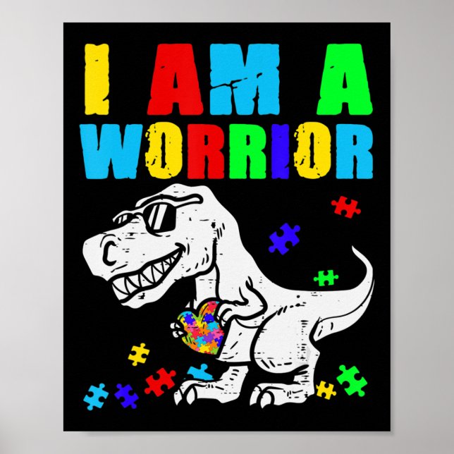 Póster T Rex Dino Soy Un Guerrero Autismo Conciencia (Frente)