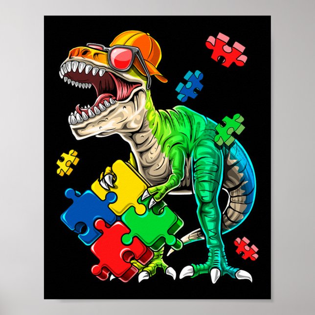 Póster T Rex Dinosaur Autism Awareness Puzzle Piece Gift (Frente)