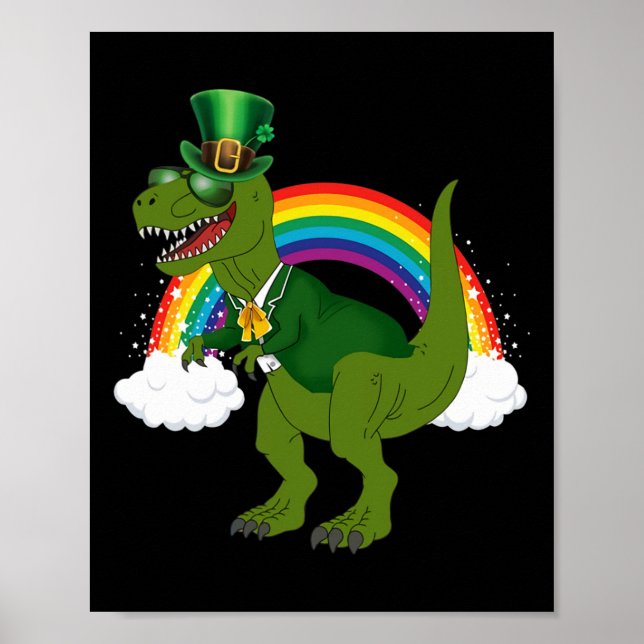 Póster T-rex Dinosaur Duende Arcoíris Día de San Patricio (Frente)