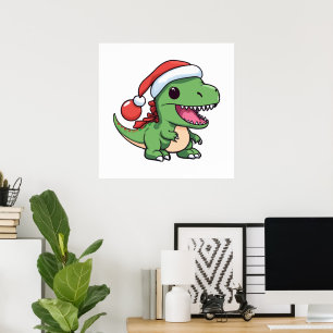 Póster T-Rex Dinosaur Kawaii con Sombrero de Navidad