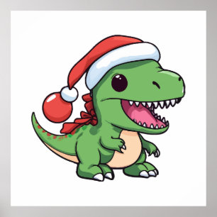 Póster T-Rex Dinosaur Kawaii con Sombrero de Navidad