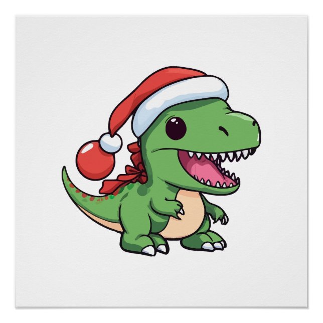Póster T-Rex Dinosaur Kawaii con Sombrero de Navidad (Anverso)