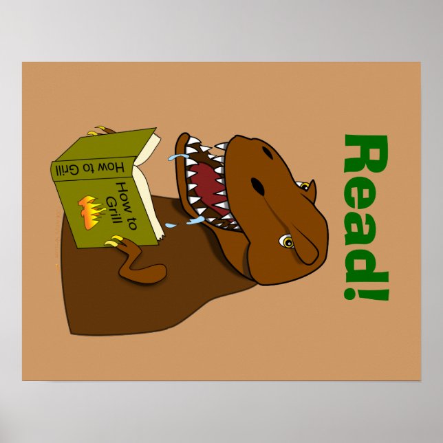 Póster T Rex Dinosaur leyendo divertida escuela educativa (Frente)